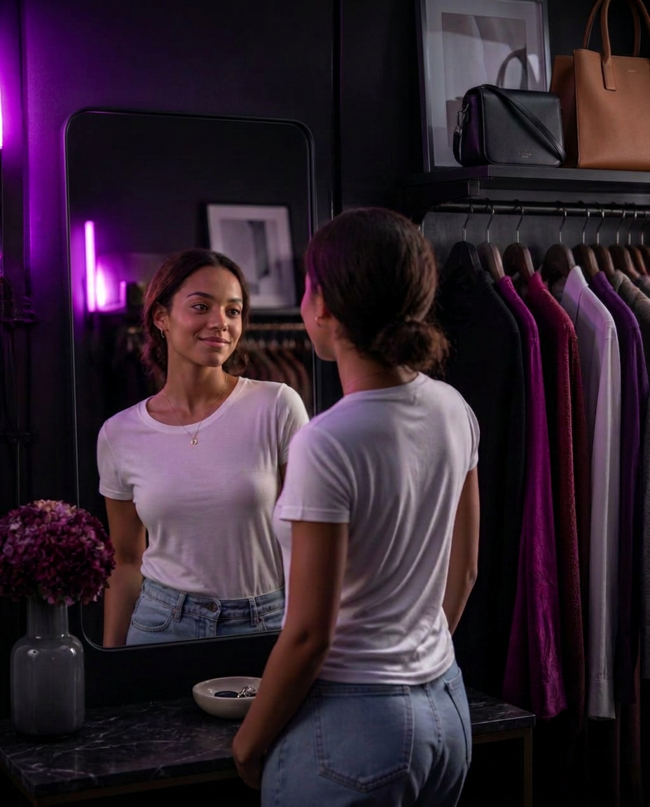 Woman looking at her reflection in a styled wardrobe