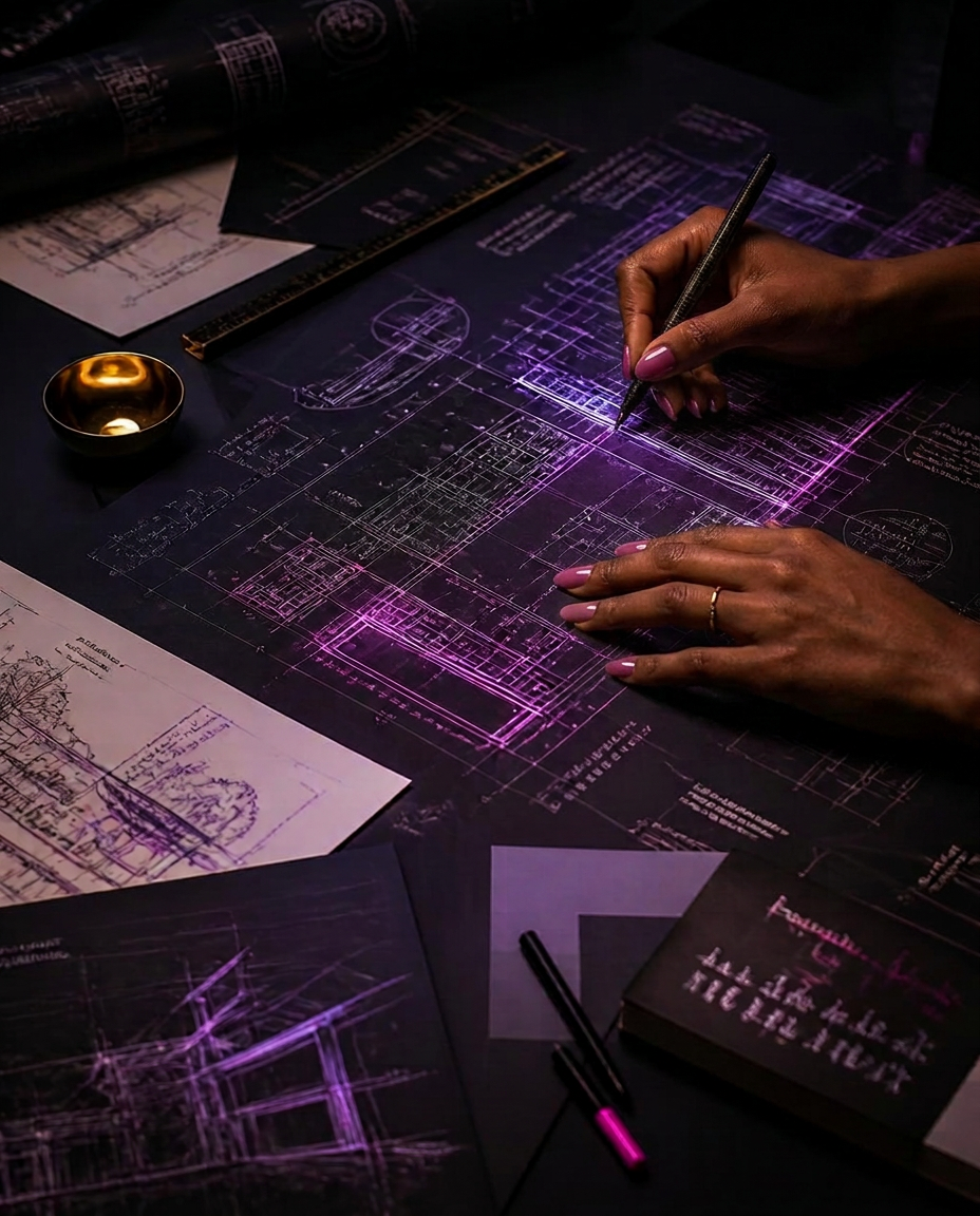 Hands sketching architectural plans with violet and magenta light traces — a visual metaphor for process, people, and experience