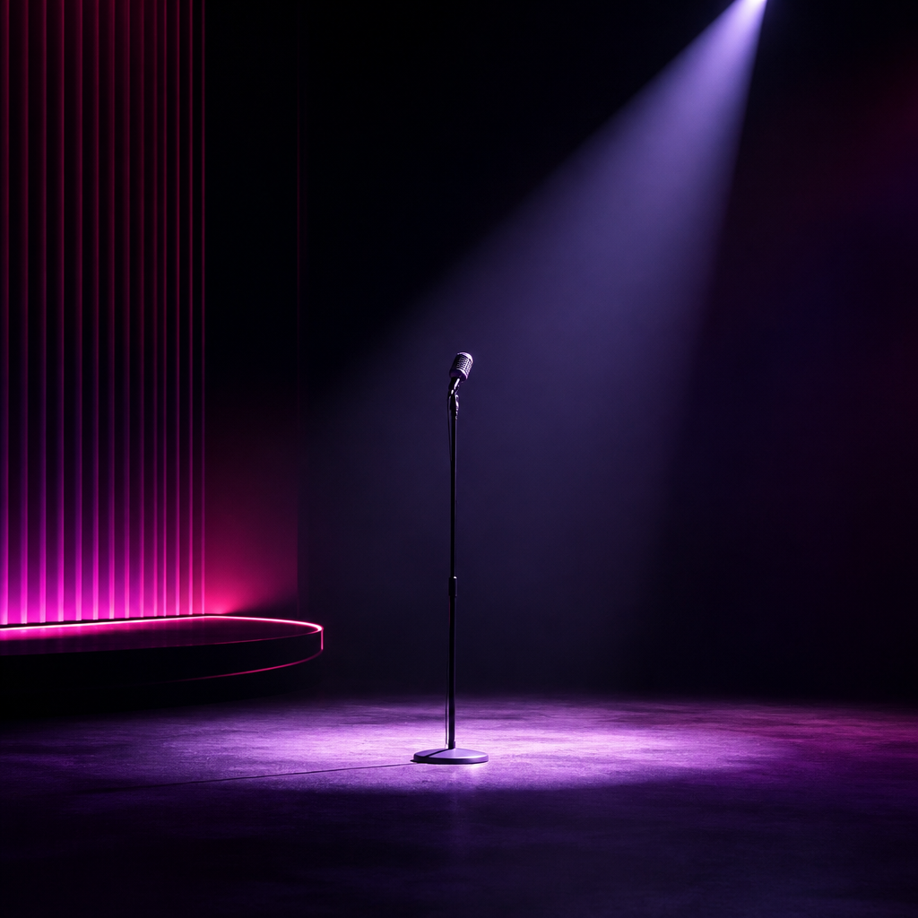 Empty stage with a spotlighted microphone and magenta-lit curtain